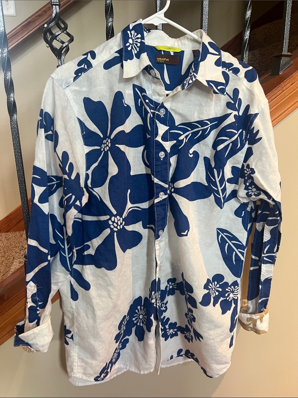 Casual Button-Down Shirt - Blue Floral on White 100% linen -boutique purchase